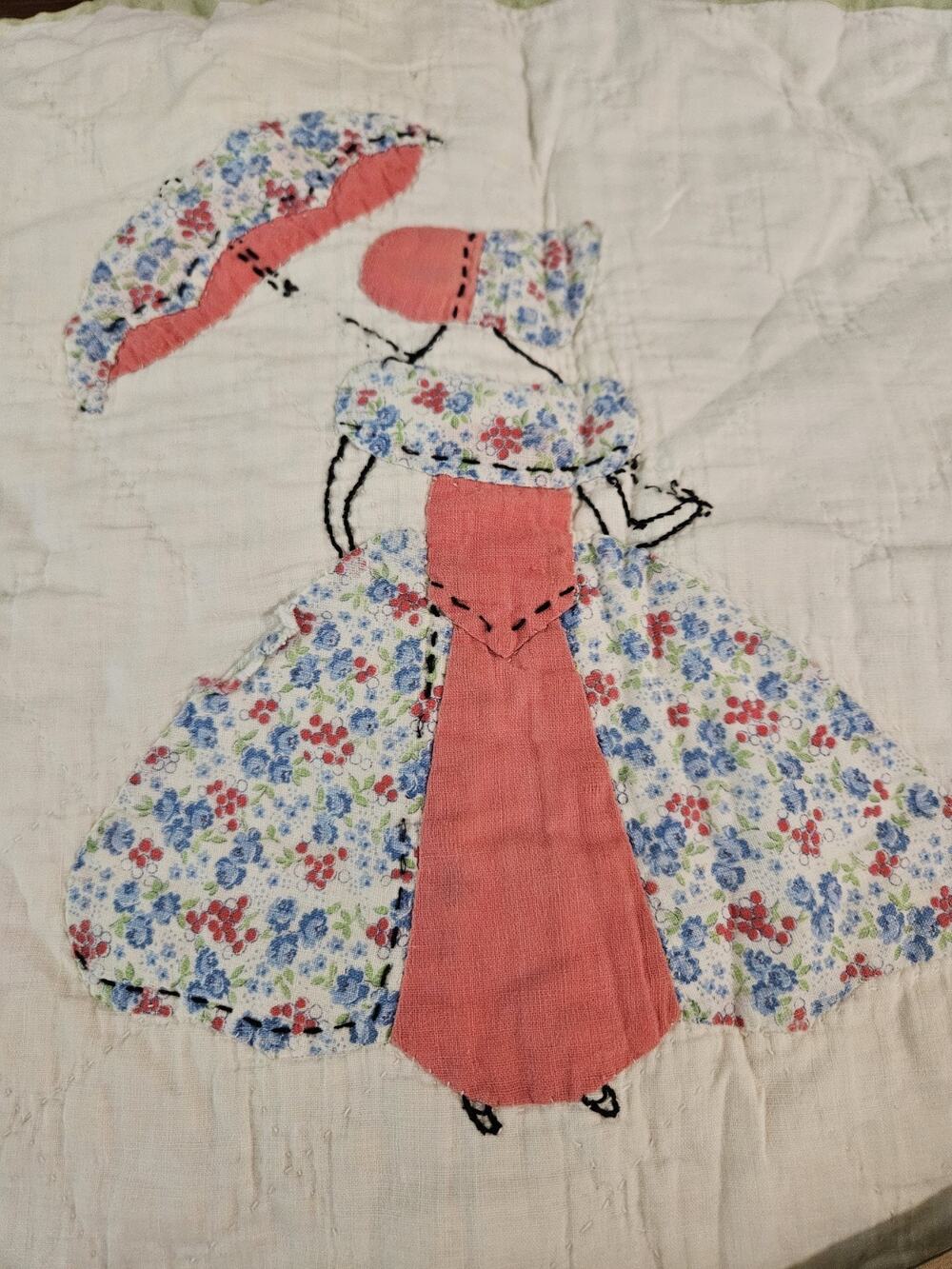 10 Vtg Sunbonnet Sue Parasol Southern Belle Applique Quilt Blocks Hand Stitched